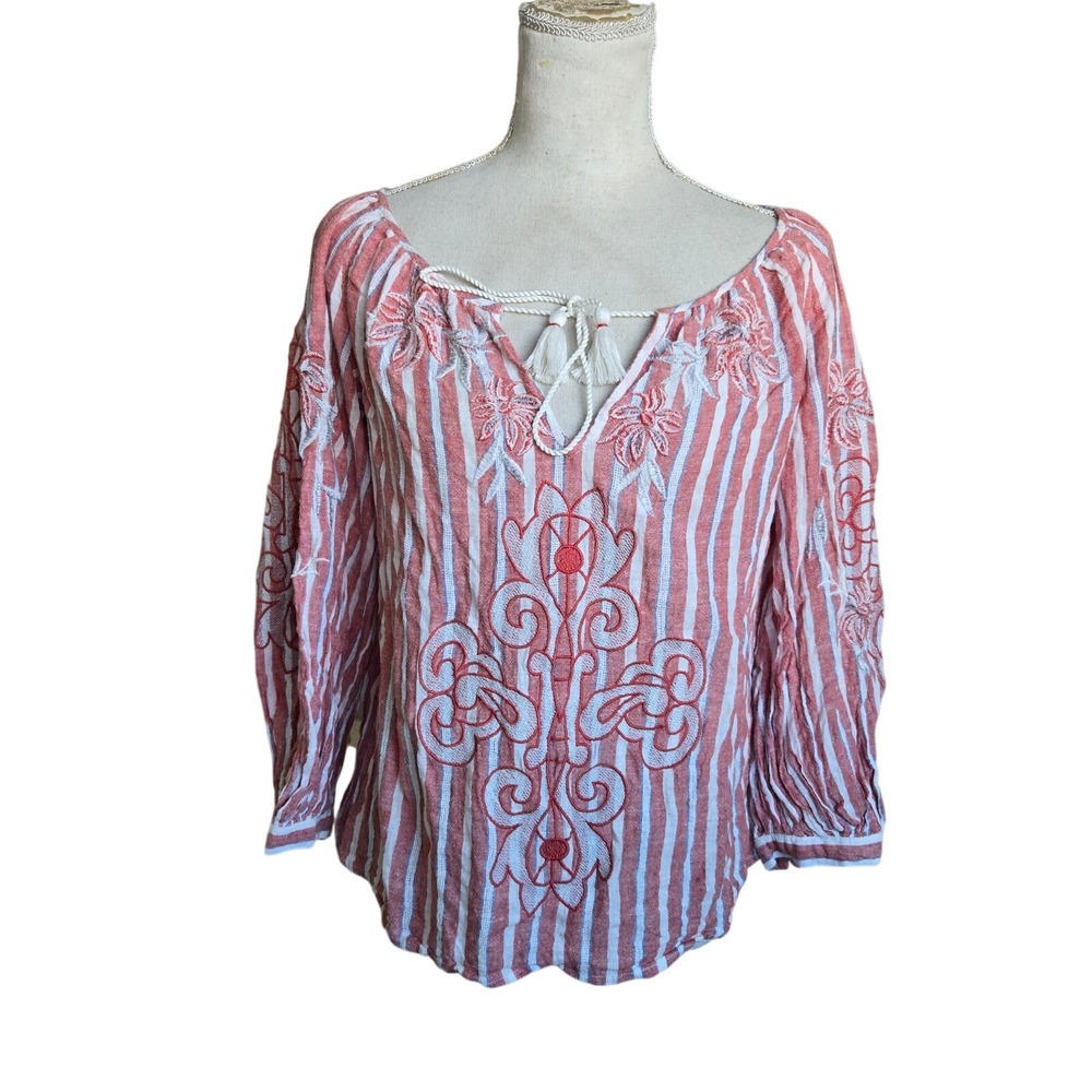 Anthropologie Akemi + Kin Womens Red Striped Linen Tassel Peasant Blouse Size XS